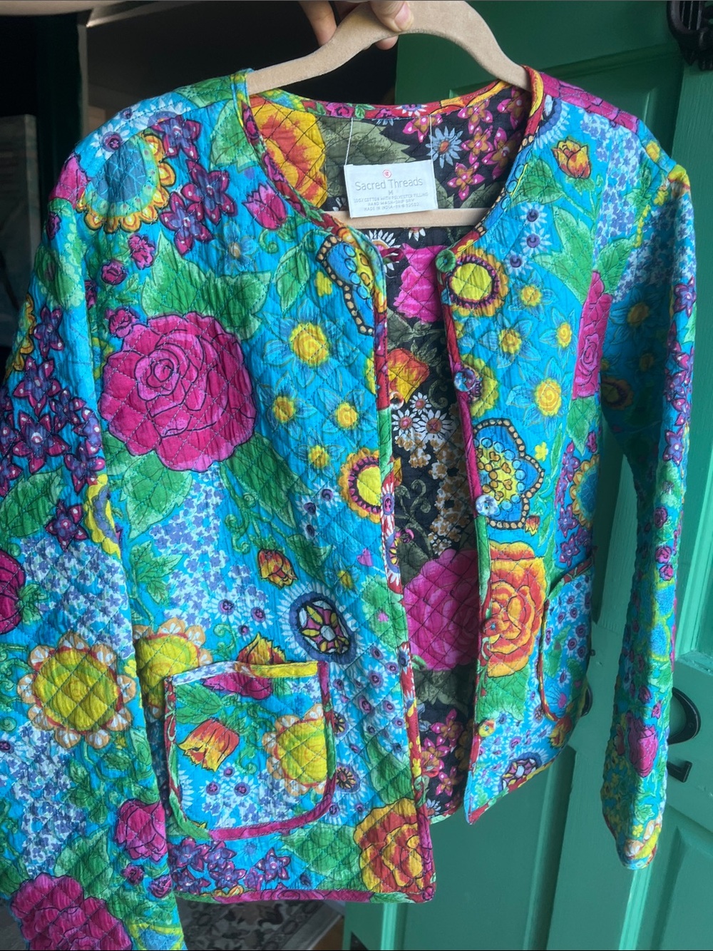 Sacred Threads 100% cotton Floral Teddy Jacket in Teal, Pink &  black - Medium